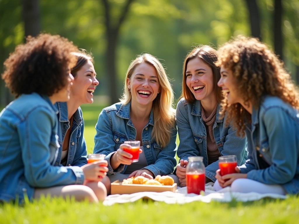 Cztery kobiety śmieją się i cieszą piknikiem w parku, siedzą na trawie.