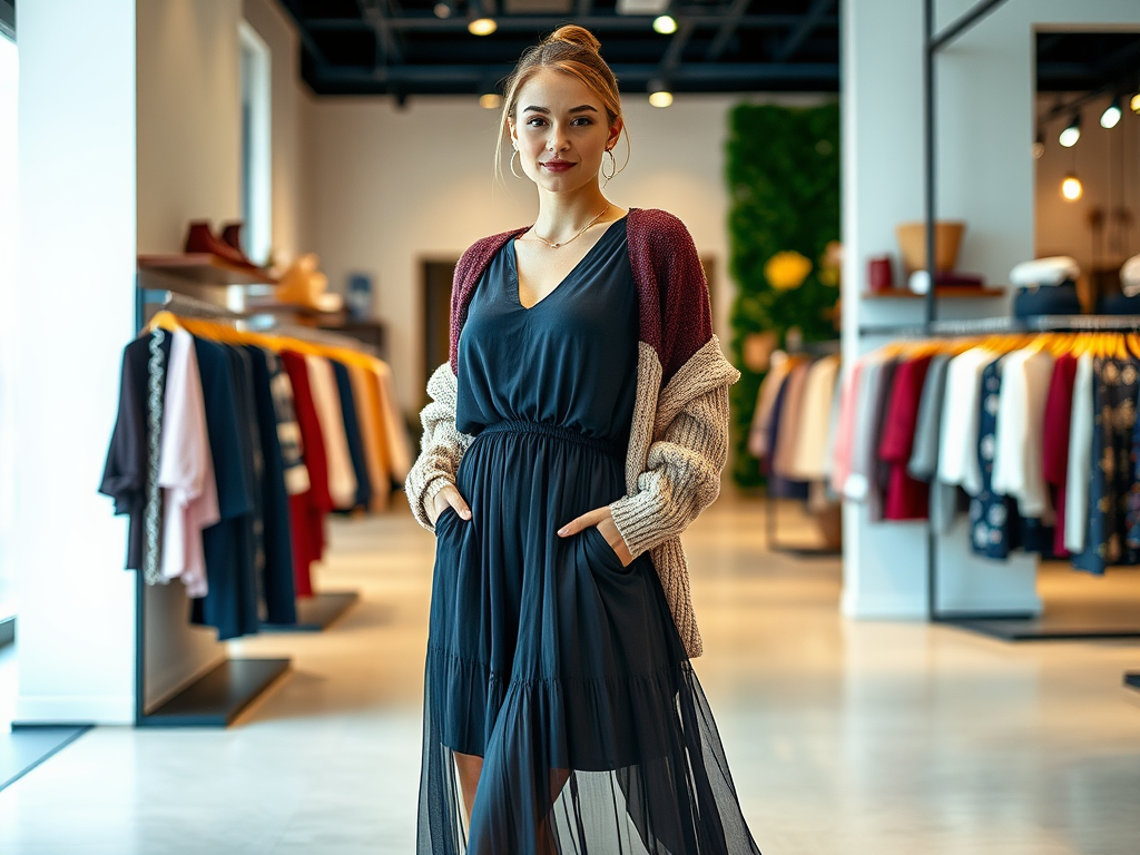 Młoda kobieta w eleganckiej sukience i swetrze, stojąca w sklepie odzieżowym pełnym ubrań.