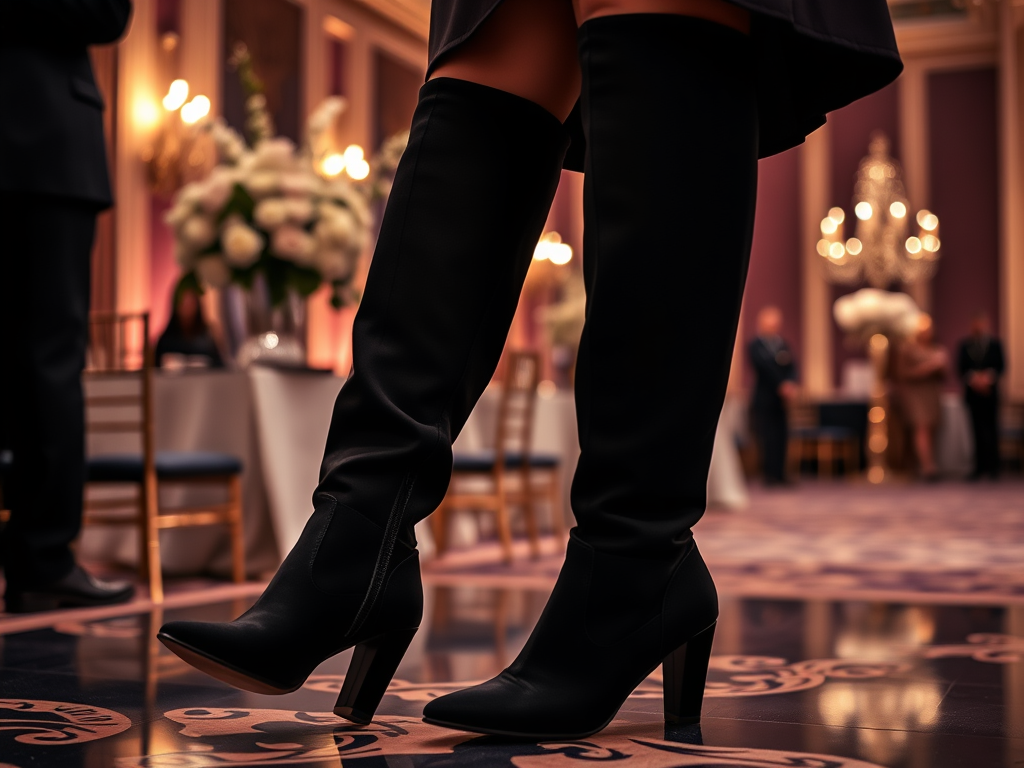 Czarne kozaki na wysokim obcasie w eleganckiej sali, z widokiem na tło z gośćmi i dekoracjami.