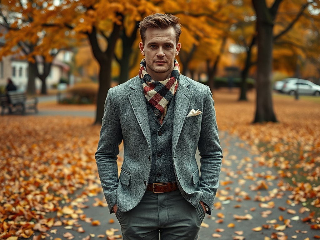 Mężczyzna w eleganckim stroju spaceruje po parku wśród jesiennych liści. Drzewa są złote od kolorów jesieni.