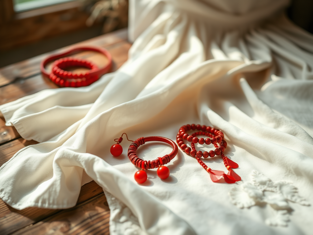 Trzy czerwone bransoletki leżą na białym materiale, obok eleganckiej sukienki.