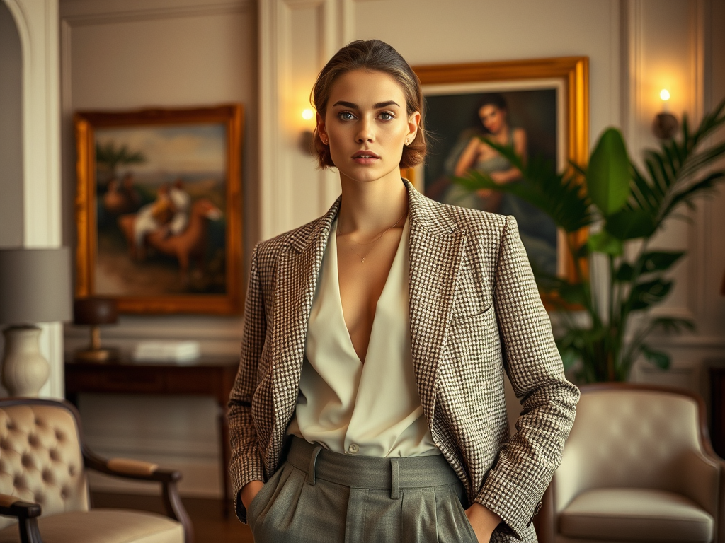 Kobieta w eleganckim garniturze stoi w stylowym wnętrzu z obrazami w tle.