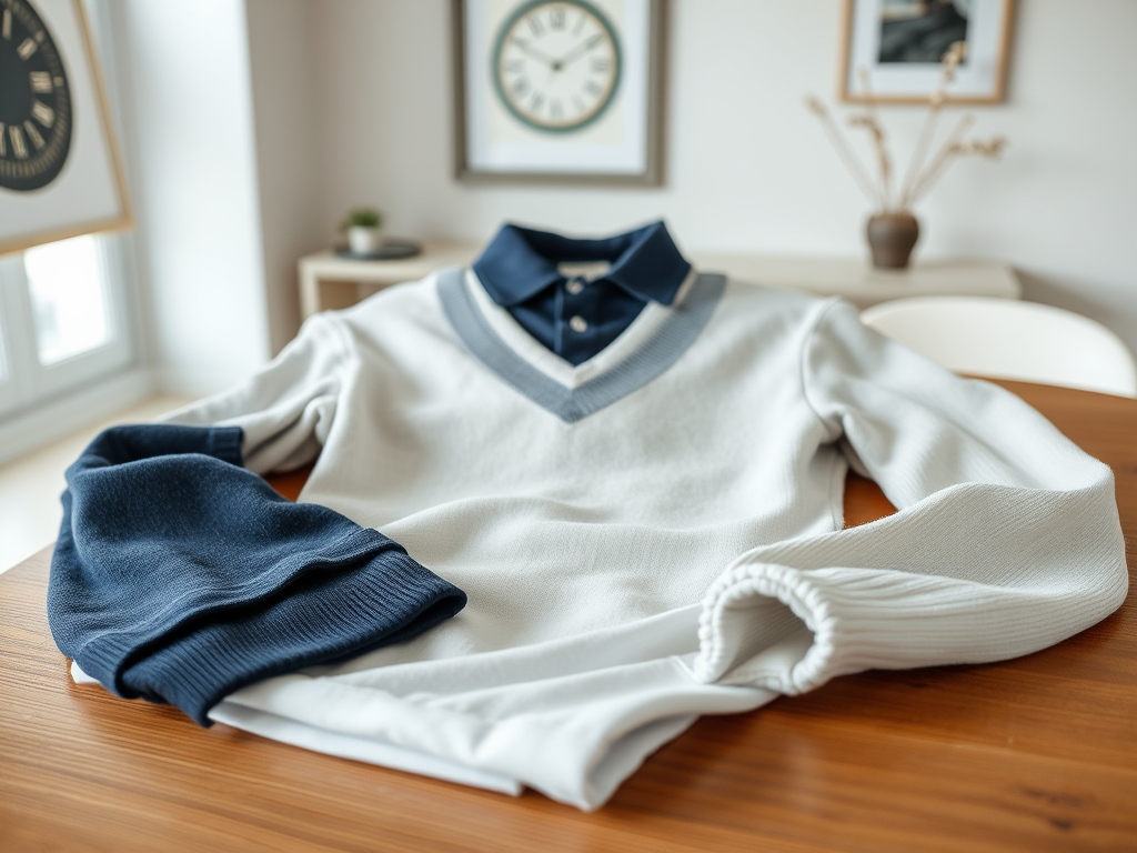 Na stole leży sweter w kolorze białym z granatowymi rękawami oraz niebieską koszulą pod spodem.