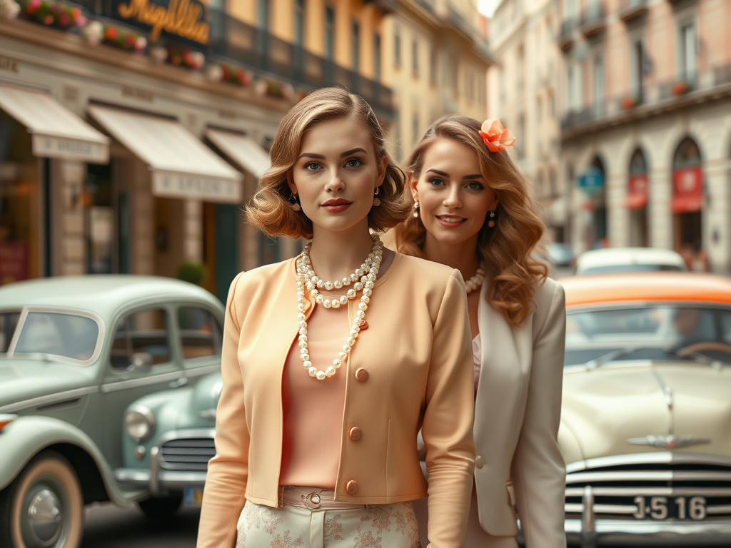 Dwie eleganckie kobiety pozują na ulicy, ubrani w stylowe stroje, w tle klasyczne samochody.